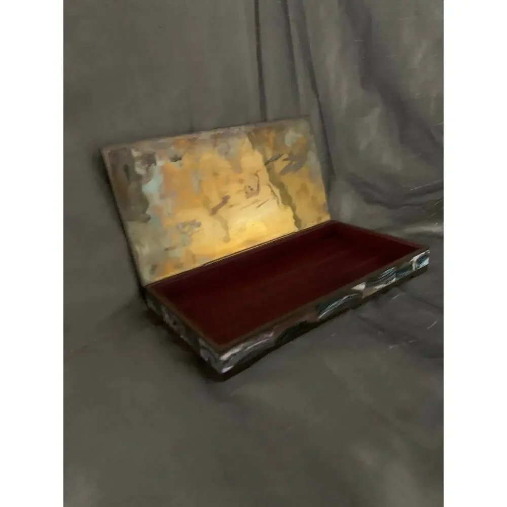 Vintage Mexican Brass Walnut Box | Signed Abalone Inlaid Hinged Trinket Box